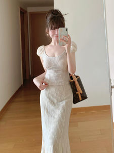 Ge·an·fei | French Style White Dress Slim Fitting Flare Skirt