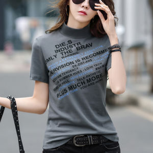 Slim Fit Half High Collar Pure Cotton Short Sleeve Base Tee Womens Spring Summer Versatile T-Shirt Korean Style Printed Top