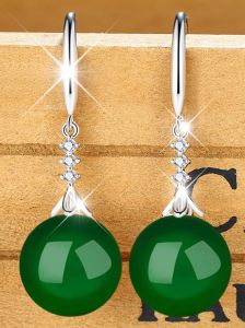 S925 Sterling Silver Earrings for Women Retro 12mm Natural Green Agate Earrings Ruby Jade Hetian Jade Long Earrings