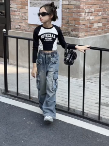 Pants For Kids Girl Loose American Style Multi-pocket Cargo Pants For Big Kids Casual Wide-leg Pants Black Sports Pants
