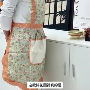 Women Princess Floral Kitchen Apron Hand-Wipe Pocket Oil-Proof Ruffle Back Tie Large Pocket Cooking Bib for Home Restaurant Use
