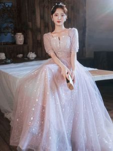 Princess Style Graduation Dress Womens Pink Evening Gown High Waist Czech Crystal Decorated One Shoulder Long Skirt for Adult Ceremony Performance