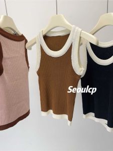 เสื้อกั๊กถักแขนกุดสั้นผู้หญิง เสื้อชั้นในสไตล์ฝรั่งเศส ฤดูใบไม้ร่วง 2025 เสื้อผ้าทำงานสไตล์เกาหลี แขนกุด คอวี ทรงเข้ารูป