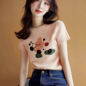 Pink Ice Silk Knitted Short Sleeve T-Shirt Womens Fashionable Summer Top Sweet Style Slim Fit round Neck Regular Length