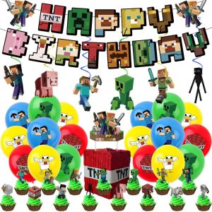 Blocky Game Birthday Party Decoration Set Pixel War Banner Balloons and Tablecloth Combination Birthday Party Festival Supplies