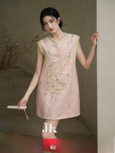 JK&JS | New Chinese Style Heavy Embroidery Silk Linen Blend Modified Qipao Dress JKJS Wuwei Yang Ladies Summer Sleeveless H Version