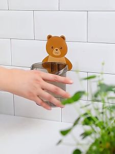 MixHome Household non punching and non marking adhesive bear cup holding cup kitchen and bathroom storage rack attached toothbrush and toothpaste storage rack
