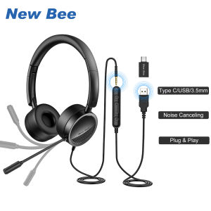 New Bee USB Headphones with Microphone with 3.5mm Jack Noise Cancelling Mic Comfortable Light Weight Business Style for PC/Laptop Android Mobile Phone