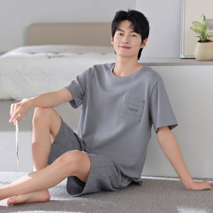 Miiow | Mens Summer Sleepwear Pure Cotton Thin Short Sleeve Home Clothes Set Large Size MiiOW Cat Man Comfortable Breathable Pajamas