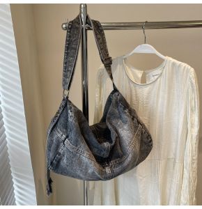 Kangaroo Korean Style Jean Bag Washed Denim Messenger Bag Large Capacity Travel Bag Tote Bag College Student Commuter Bag