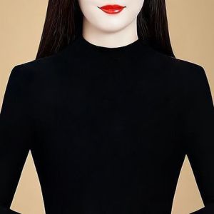 Diamond Embellished Fleece Lined Half High Collar Slim Fit Versatile Glitter Top Korean Style Creative Pattern Long Sleeve T-shirt