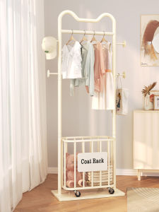 Corner Clothesline Stand Cream Style Free Standing Dirty Laundry Basket Mobile Indoor Coat Rack Multi-Functional Iron Metal