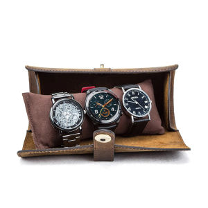 Da thật 3 Khe Cắm Đồng Hồ Cuộn hộp hiển thị Retro da bò đồng Hồ Du Lịch Trường Hợp trang sức đeo cổ tay Lưu Trữ Pouch Tổ Chức Quà Tặng