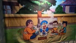 ผ้าตกแต่งผนังลายโดราเอมอน ผ้าธง ลายสายเขียว ใบเขียว