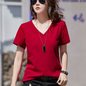 Womens V-Neck T-Shirt Short Sleeve Loose Fit Pure Cotton Korean Style Summer Top White Color Block Classic Pattern