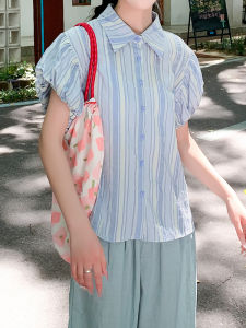 Áo Sơ Mi Nữ Tay Bồng Họa Tiết Sọc Xanh Tươi Mùa Hè Thiết Kế Độc Đáo Thời Trang Giảm Tuổi Áo Sơ Mi Thường Ngày Chất Liệu Polyester Cotton Viscose
