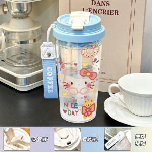 Portable Silver Katie Straw Cup High Aesthetic Value Outdoor Sports Water Bottle for Students with Handle Cute Cartoon Style