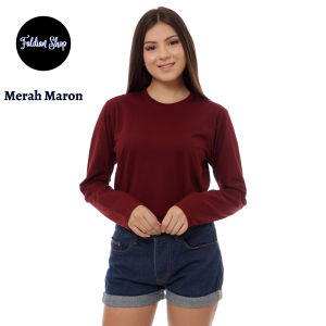 Kaos Polos Wanita Oneck Lengan Panjang Bahan Katun Combed 30s Warna Merah Maron