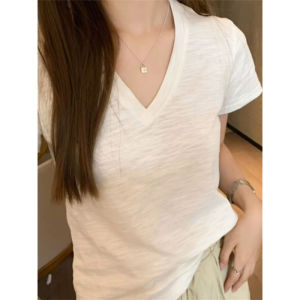 White Shoulder Short Sleeve T-Shirt Womens V-neck 2024 Summer New Lazy Wind Loose Thin Slub Cotton Half Sleeve Tops