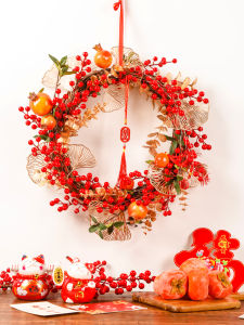 Red Wicker Flower Ring round Artificial Flowers Wintergreen Red Fruit Wealth Fruit Moving Marriage Door Hanging Decoration