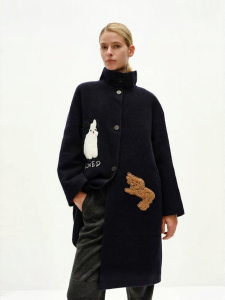 URLAZH | Winter New Arrival Navy Blue Simple Pet Embroidery Long Loose Wool Coat