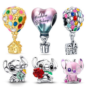 Disney | 2026 New in Disney Hot Air Balloons and Stitch 925 Silver Charm Beads Fit 3mm Original Bracelet For Womens DIY Fine Jewelry Gift