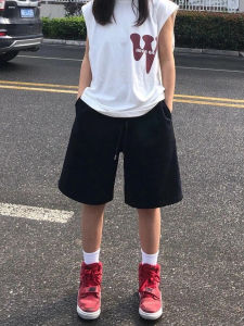 Pure Cotton American Style Black Sports Shorts Women Summer Thin Five-Point Casual Loose Lazy Over-Knee Wide Leg Mid-Pants