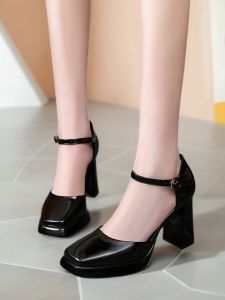 Fashionable Waterproof Platform High Heels Womens Mary Jane Shoes Buckle Strap All-Match Single Shoes Korean Style Synthetic Leather