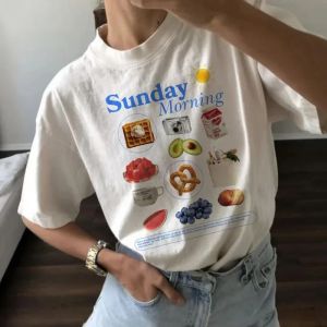 Fashion O-Neck Sweet Graphic Tops Cute 90s Clothing Sunday Morning Printed T-Shirt Casual Fun Short Sleeved Womens T-Shirt.