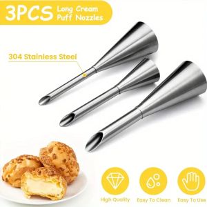 3pcs Cream Icing Piping Nozzle TipsStainless Steel Cream Puff Nozzle Decor Pastry Icing Piping Decorating ToolsBaking Supplies