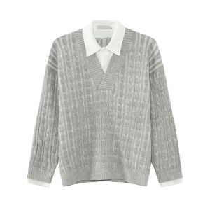 ONELYC1NS Loose Long Sleeve Knitted Sweater Pure Color Splicing Mens Autumn Top Youth Fashion Casual Versatile Loose Fit