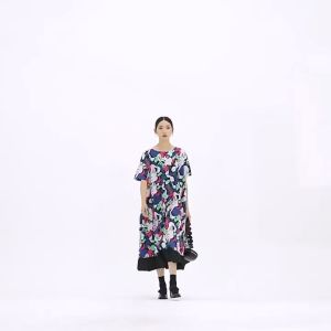 XITAO Print Casual Dress Women Korea Personality  Loose O-neck Short Sleeve Mid-calf Dress ZY7552