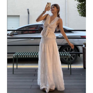 French White Lace Lace Skirt Womens High Waist Figure Flattering Tiered Dress Texture A- line Mid Length Long Length Skirt