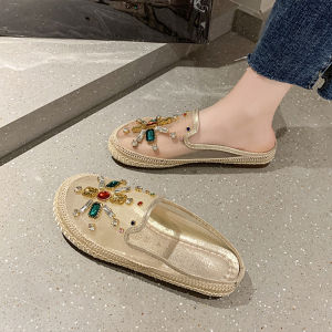 Womens Summer Fashionable Mesh Breathable Roman Flat Sandals Half Slip-On Slippers Outdoor Wear Rubber Outsole Smooth Leather