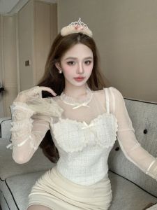GUZILIAN | Pure Desire Sweet Spicy Girl Transparent Mesh Fishbone T-shirt Womens Small Fragrance Style Fake Two-Piece Bell Sleeve Lace Base Shirt