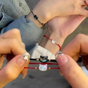2Pcs Natural Moonstone Bracelet Couple Friends Cute Cat Obsidian Charms Black Red Handmade Rope Bracelets Party Jewelry Gifts