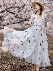 Spring Light White Chiffon Dress Womens Summer New Loose Long V-neck Embroidered Skirt Cotton Linen Artistic Style Commute