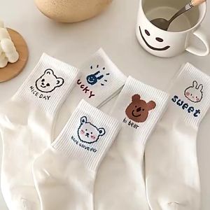 Fin Fin ถุงเท้าข้อยาว สกรีนการ์ตูน หมี กระต่าย น่ารักสุดๆ ผ้าฝ้าย ใส่กันลื่น ออกกำลังกาย ใส่เที่ยว ถุงเท้า ผู้หญิง