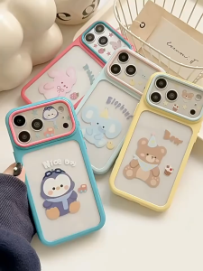 Kawaii Cartoon Animal Acrylic Back Phone Case Macaron Two-Tone Frame Shockproof Cover For iPhone 17 16 15 14 13 12 11 Pro Max