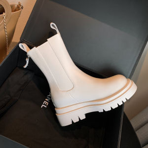 Fashionable Chelsea Short Boots Womens Leather Thick Bottom High Heel Casual Style Winter Warm round Toe Rubber Outsole