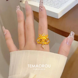 Non-Fading Sand Gold Fox Ring Unique Chinese Style Womens Fashion Jewelry Copper Alloy Embedded Artificial Gem Finger Ring