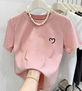 Spring Summer 2024 Womens Loose Cotton Short Sleeve T-Shirt Fashionable Base Layer Shirt Simple Classic Print round Neck Top