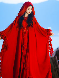 Red Cowl Neck Jacket Womens Small Red Hat Poncho Ethnic Style Northwestern Grassland Travel Outfit Xinjiang Tibet Womens Fashion