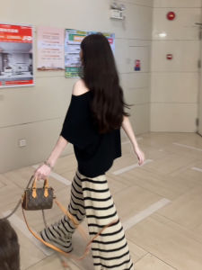 Quần Dài Ống Rộng Dệt Kim Kẻ Sọc Cho Nữ Mùa Xuân Thu Quần Dài Thường Ngày Cạp Cao Có Túi Vải Polyester Phong Cách Hàn Quốc