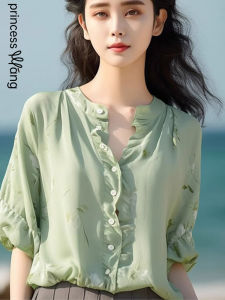 WANGGONGZHU | Retro Hong Kong Style Beautiful Womens Shirt Summer New Lantern Sleeve Ruffle Fashion Short Sleeve Top Slimming Versatile