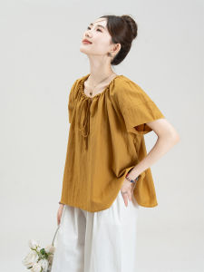 Nurture One | Áo Blouse Dáng Rộng Cổ Tròn Thắt Dây Xem Qua Màu Bơ Đậu Phộng Tay Ngắn