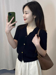 SHUQINGLAI | Black Ice Silk Knit Short Sleeve T-shirt V-neck Slimming Design