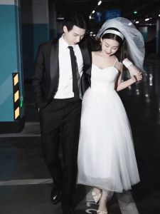 French Strap Wedding Dress Vintage Engagement Ring Ceremony Short Lightweight Bride Daily White Skirt Korean Style Net Fabric