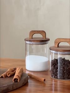 Kitchen Storage Glass Jars with Wooden Sealing Lids for Storing Coffee Beans Flour Sugar Rice Tea and Pasta