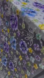 Vải Ren Hạt Châu Phi Cao Cấp 5 Thước Đính Sequin Thủ Công Phong Cách Nigeria Dùng Cho Váy Dự Tiệc Tối Chất Liệu Cao Cấp